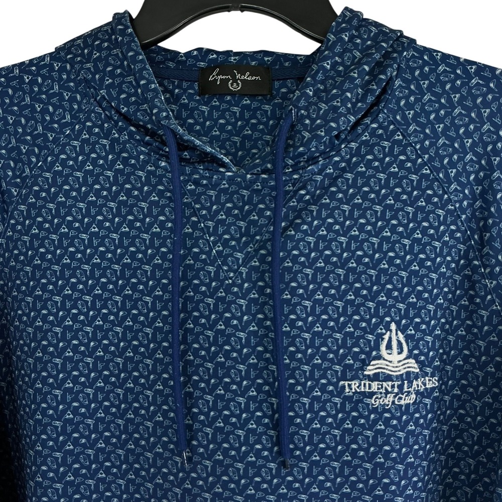 Byron Nelson Mens Medium Golf Hoodie Pullover Blue Print Trident Lakes Golf Club